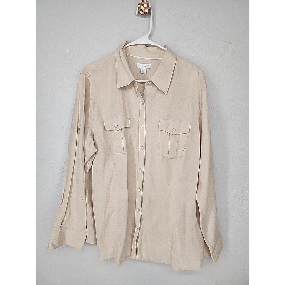 Charter Club 18W | Beige 100% Linen Roll Tab Sleeve Button Down Shirt Coastal